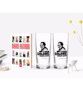 BK Gift Kişiye Özel Renkli Baskılı Çünkü Sen Çölüme Yağmur Oldun Tasarımlı İkili Rakı Bardağı ve Rakı Cep Kitabı Hediye Seti-9 (Model 1)