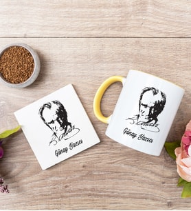 Atatürk Siluetli Sarı Kupa Bardak Ve Bardak Altlığı Seti