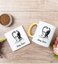 Atatürk Siluetli Sarı Kupa Bardak Ve Bardak Altlığı Seti