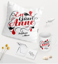 BK Gift Kişiye Özel En Güzel Anne Beyaz Kupa Ayna Yastık Seti (Model 1)
