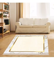 Mermer Desenli Gold Çerçeveli Dijital Baskı Yıkanabilir Modern Salon Halı ve Yolluk (Krem)