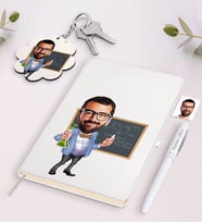 BK Gift Kişiye Özel Erkek Fen Bilimleri Öğretmeni Karikatürlü Beyaz Defter Kalem Ve Anahtarlık Hediye Seti-1 (Model 1)