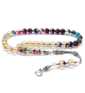 925 Ayar Gümüş Püsküllü Küre Kesim Süzme Bonibon Ateş Kehribar Tesbih (Çok Renkli)