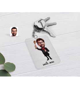 BK Gift Kişiye Özel Erkek Chef Karikatürlü Şeffaf Pleksi Anahtarlık-1 (Beyaz)