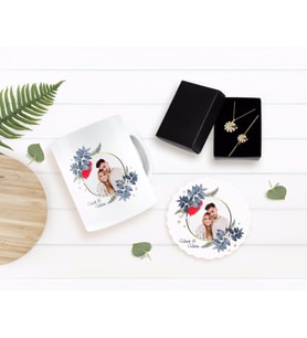 BK Gift Kişiye Özel Sevgililer Günü Temalı İsimli Fotoğraflı Kupa Bardak Altlığı ve Kolye Bileklik Hediye Seti-34 (Model 1)
