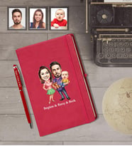 Kişiye Özel Aile Karikatürlü Kırmızı Defter Kalem Hediye Seti   Mod-4