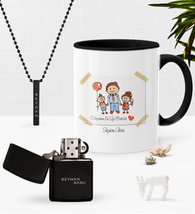 BK Gift Kişiye Özel Dünyanın En İyi Babası Siyah Kupa Benzinli Çakmak Kolye Seti-8 (Model 1)