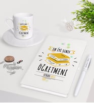 BK Gift Kişiye Özel En İyi Sınıf Öğretmeni Beyaz Defter Kalem Türk Kahvesi Fincanı Seti-6 (Model 1)