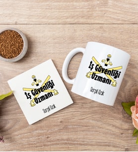 İş Güvenliği Uzmanı Beyaz Kupa Bardak Ve Bardak Altlığı Seti