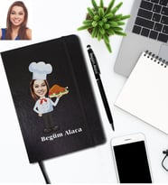 Kişiye Özel Aşçı Karikatürlü Siyah Defter Kalem Hediye Seti Bayan-2