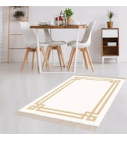 Geometrik Desenli Dijital Baskı Yıkanabilir Kaymaz Taban Düz Model Salon Halısı ve Yolluk (Bej) (Beyaz)