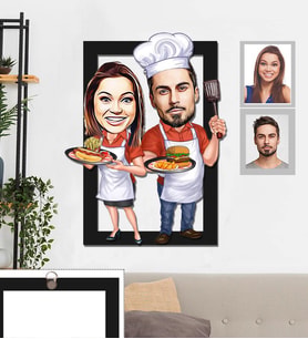 Kişiye Özel Aşçı Sevgili Karikatürlü 3D Ahşap Tablo 30x47 Model-2