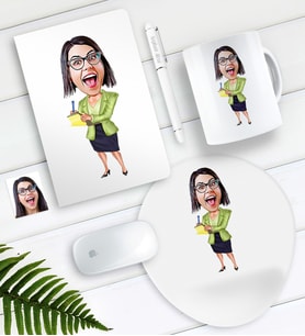 BK Gift Kişiye Özel Bayan Sekreter Karikatürlü Defter Kalem Kupa Mouse Pad Seti (Model 1)