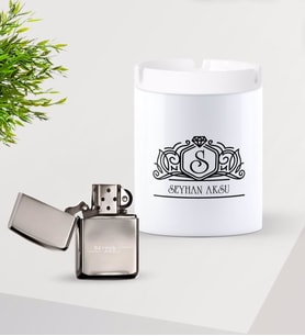 BK Gift Kişiye Özel İsimli Silver Benzinli Metal Çakmak ve Seramik Kül Tablası Seti-13 (Model 1)