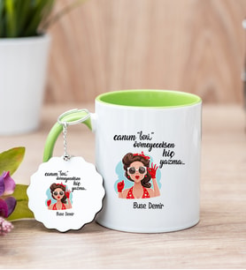 Övmeyeceksen Hiç Yazma Yeşil Kupa Bardak ve Anahtarlık Set