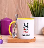 Kadınlar Gününe Özel Ahşap Altlıklı Sarı Kupa Bardak
