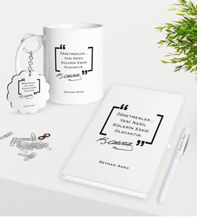 BK Gift Kişiye Özel Atatürk Öğretmen Kupa Anahtarlık Beyaz Defter Kalem Hediye Seti-1 (Model 1)