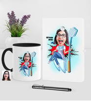 BK Gift Kişiye Özel Bayan Diş Hekimi Karikatürlü Beyaz Defter Kalem Kupa Seti-3 (Model 1)
