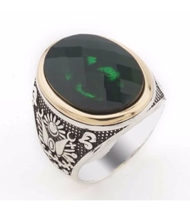 Oval Yeşil Zirkon Taşlı Osmanlı  Arma Detaylı Yüzük (Gümüş)