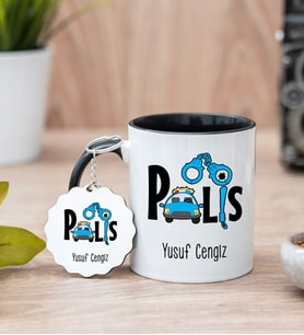 Polis Tasarım Siyah Kupa Bardak Ve Anahtarlık Set