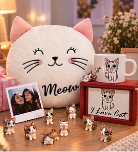 Kişiye Özel Kedi Polar Yastık & Ahşap Kutulu Kedi Kupa & 9 Mini Kedi Seti
