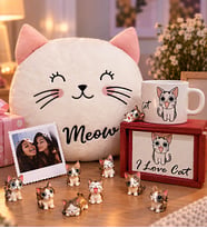 Kişiye Özel Kedi Polar Yastık & Ahşap Kutulu Kedi Kupa & 9 Mini Kedi Seti