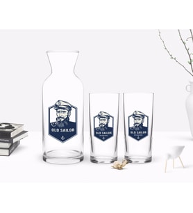 BK Gift Kişiye Özel Renkli Baskılı Denizci Tasarımlı İkili Rakı Bardağı ve Karaf Hediye Seti-1 (Beyaz)