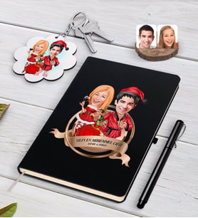 BK Gift Kişiye Özel Yılın En Mükemmel Çifti Karikatürlü Siyah Defter Kalem ve Anahtarlık Hediye Seti-65 (Model 1)