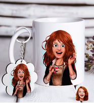 BK Gift Kişiye Özel Kadın Animasyon Karikatürlü Beyaz Kupa ve Anahtarlık Hediye Seti-11 (Model 1)