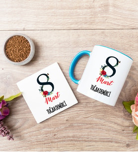 Kadınlar Gününe Özel Mavi Kupa Bardak Ve Bardak Altlığı Seti