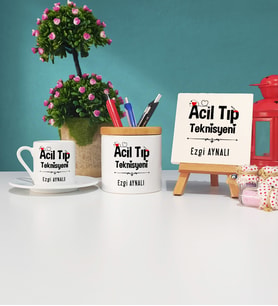 Acil Tıp Teknisyeni Tasarımlı Kişiye Özel Hediye Acil Tıp Teknisyeni Türk Kahvesi Fincanı Kalemlik ve Dekoratif Taş Baskı Seti