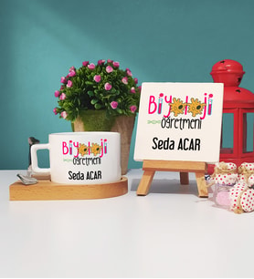 Biyoloji Öğretmeni Ahşap Altlıklı Fincan ve Dekoratif Taş Baskı Seti