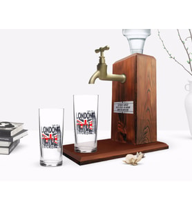 BK Gift Kişiye Özel Renkli Baskılı London Tasarımlı İkili Rakı Bardağı ve Ahşap Rakı Standı Hediye Seti-3 (Model 1)