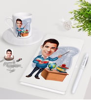 BK Gift Kişiye Özel Erkek Öğretmen Karikatürlü Beyaz Defter Kalem Türk Kahvesi Fincanı Seti-5 (Model 1)