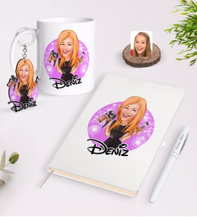 BK Gift Kişiye Özel Kadın Güzellik Uzmanı Karikatürlü Beyaz Defter Kalem Kupa ve Anahtarlık Hediye Seti-1 (Model 1)