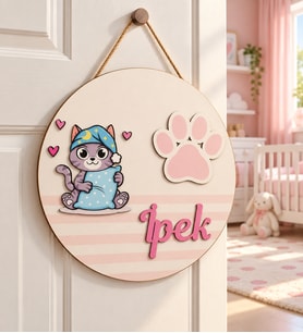İsme Özel Kedicik Temalı Ayak İzli Çocuk Odası Kapı Süsü