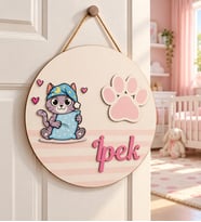 İsme Özel Kedicik Temalı Ayak İzli Çocuk Odası Kapı Süsü