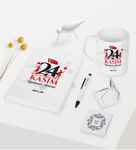 BK Gift Kişiye Özel Öğretmenler Gününüz Kutlu Olsun Temalı Beyaz Defter Kalem Kupa Ayna Seti - 2