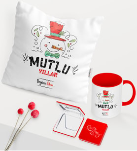 BK Gift Kişiye Özel Yılbaşı Mutlu Yıllar Temalı Kırmızı Kupa Ayna Yastık Seti - 5