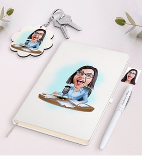 BK Gift Kişiye Özel Kadın Sunucu Karikatürlü Beyaz Defter Kalem ve Anahtarlık Hediye Seti (Model 1)