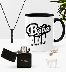BK Gift Kişiye Özel Kahraman Baba Siyah Kupa Benzinli Çakmak Kolye Seti (Model 1)