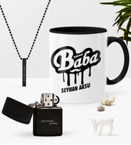 BK Gift Kişiye Özel Kahraman Baba Siyah Kupa Benzinli Çakmak Kolye Seti (Model 1)
