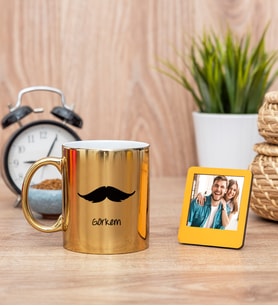 Bıyık Tasarım Gold Kupa Bardak ve Sarı Mini Fotoğraf Çerçevesi