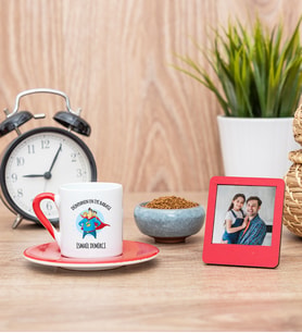 Süper Baba Kırmızı Kahve Fincanı ve Kırmızı Mini Fotoğraf Çerçevesi