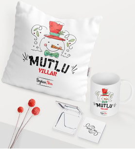BK Gift Kişiye Özel Yılbaşı Mutlu Yıllar Temalı Beyaz Kupa Ayna Yastık Seti - 5