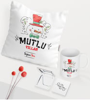 BK Gift Kişiye Özel Yılbaşı Mutlu Yıllar Temalı Beyaz Kupa Ayna Yastık Seti - 5