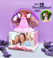 Kişiye Özel Fotoğraflı Işıklı Pembe Peri Kızı Çerçeveli Kar Küresi