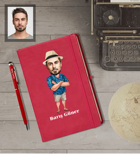 Kişiye Özel Erkek Karikatürlü  Kırmızı Defter Kalem Hediye Seti Model-9