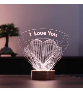 3 Boyutlu Kalp Eller Hediye Led Lamba Ahşap Taban