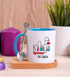 Kimya Öğretmeni Ahşap Altlıklı Mavi Kupa Bardak